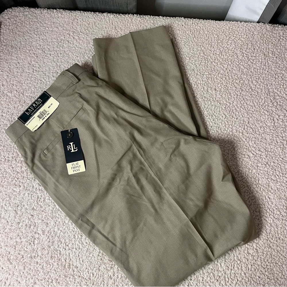 NWT Lauren Ralph Lauren Mens Flat Front Dress Pants 38X32 Tan Checkered Washable